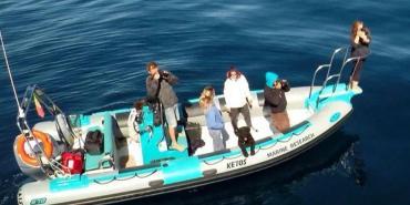 Cetacean research volunteers on boat in Algarve, Portugal