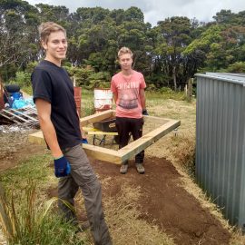 Construction volunteers in nature sanctuary New Zealand