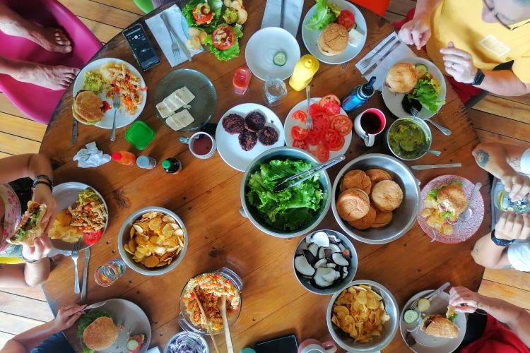 Different food on table from above