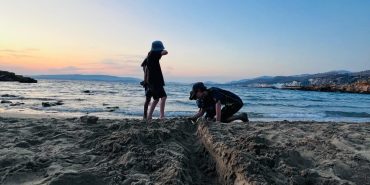 Young volunteers on beach in evening