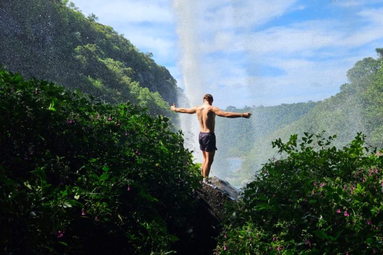 Volunteer standing facing the waterfalls surround by green forest