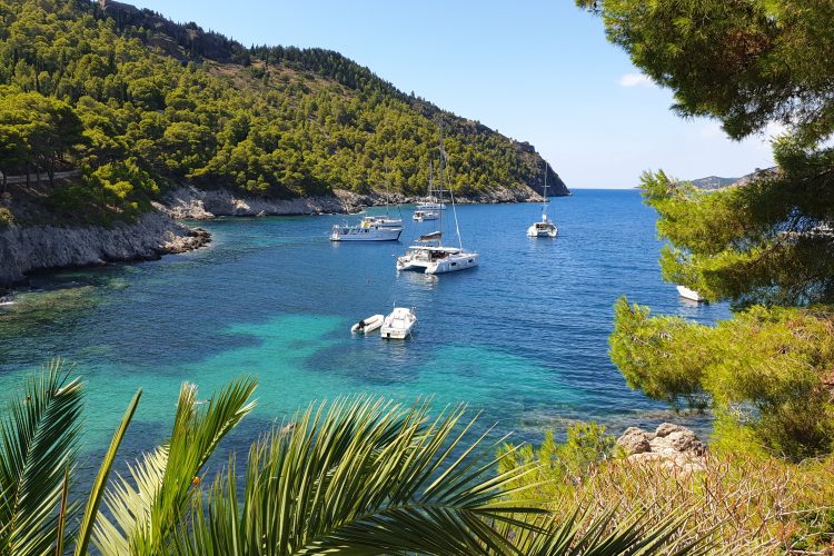 Boating cove in blue waters of Kefalonia