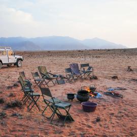 Volunteer camp area view of mountains and desert