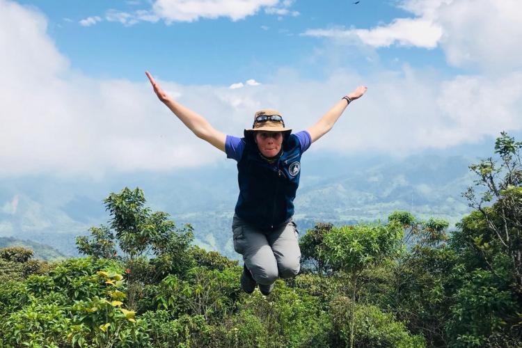 Volunteer jumping in Ecuador cloud forest