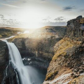 Water fall view in large canyon of Iceland