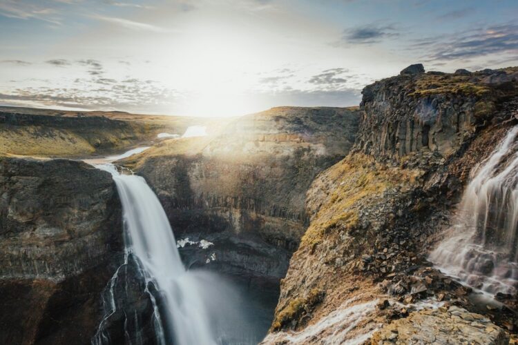 Water fall view in large canyon of Iceland