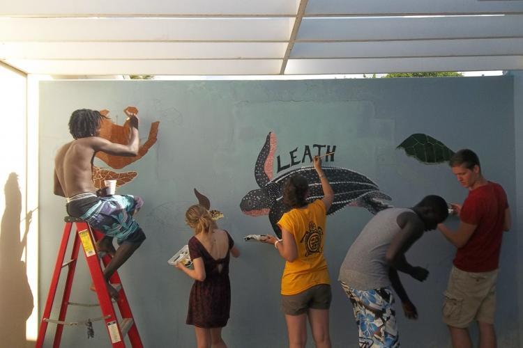 Volunteers painting turtles in Grenada