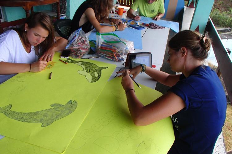 Volunteers preparing banners